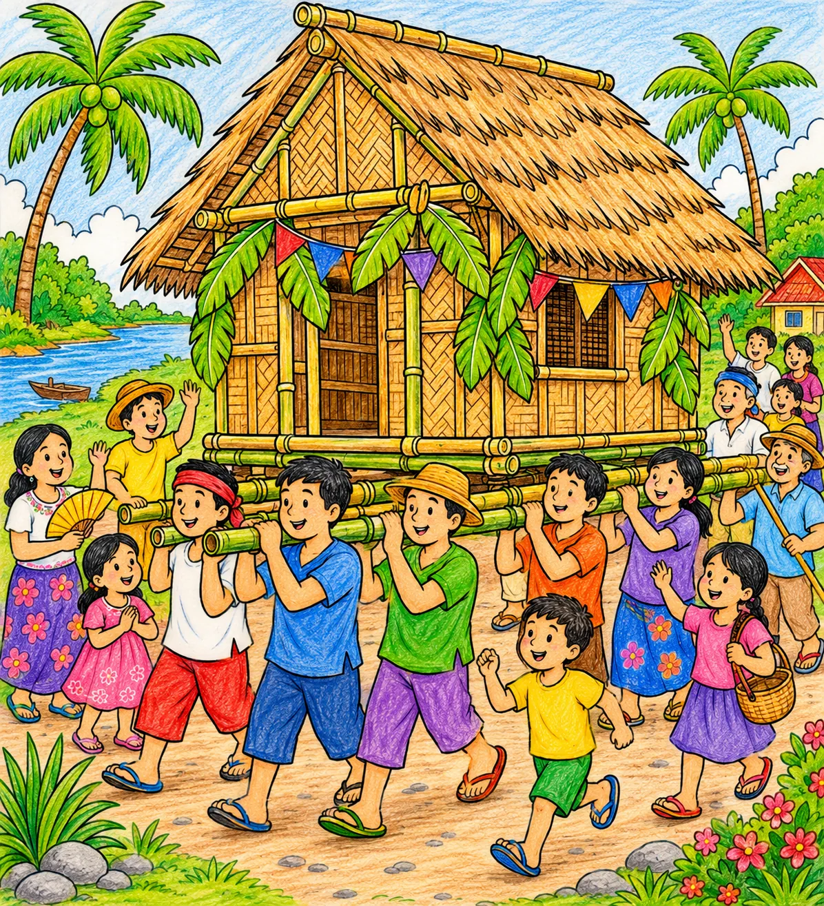 Philippinische Gemeinschaft trägt gemeinsam ein Bambus-Haus nach der Bayanihan-Tradition