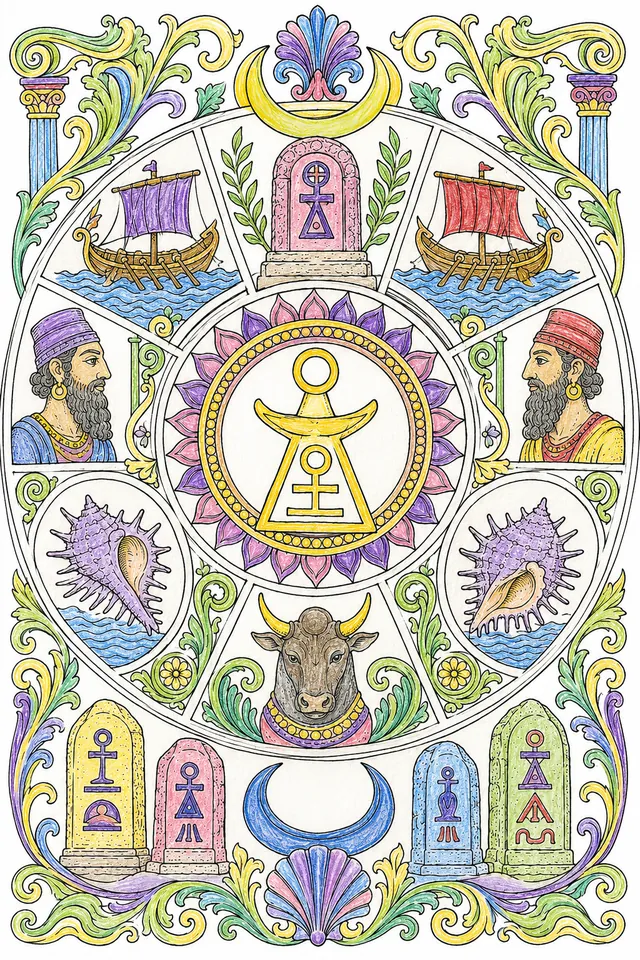 Phoenician Carthage: Tanit trapezoid arms disc crescent / Murex spiral spiny purple / lotus palmette alternating / Tophet stele triangular incised bireme / scarab rope-twist