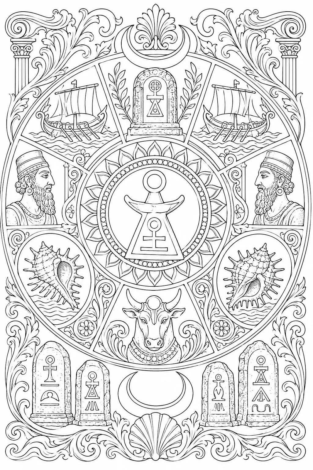 Phoenician Carthage: Tanit trapezoid arms disc crescent / Murex spiral spiny purple / lotus palmette alternating / Tophet stele triangular incised bireme / scarab rope-twist