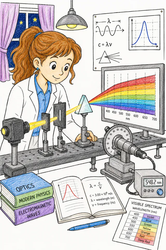 Ausmalseite: Physikerin führt Lichtspektrum-Experiment mit Glasprismus auf Optikbank durch und misst mit Spektrometer