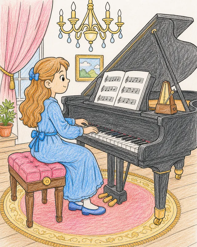 Ausmalbild: Pianist spielt am Flügel im Musikzimmer mit Notenständer und Metronom