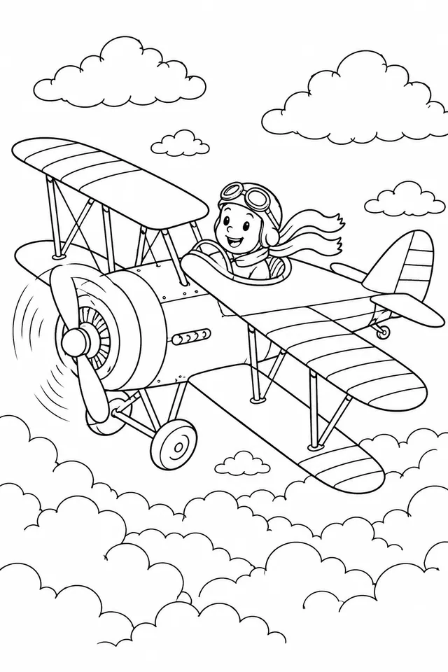 Pilot in einem alten Doppeldecker-Flugzeug über den Wolken