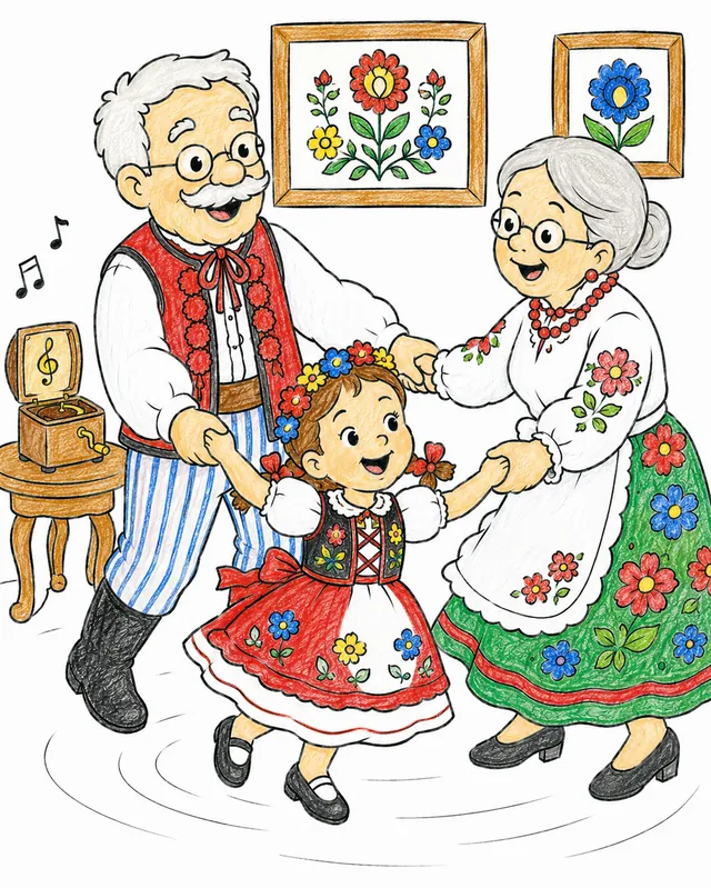 Polnische Großeltern in Tracht tanzen lachend mit kleiner Enkelin im Kreis
