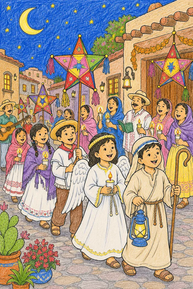 Kinder in Kostümen tragen bei Nacht Laternen in lateinamerikanischem Posada-Weihnachtsumzug