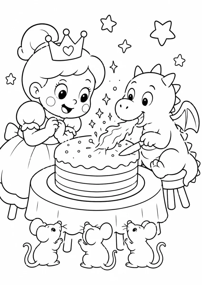 Round princess and tiny baby dragon share a rainbow cake
