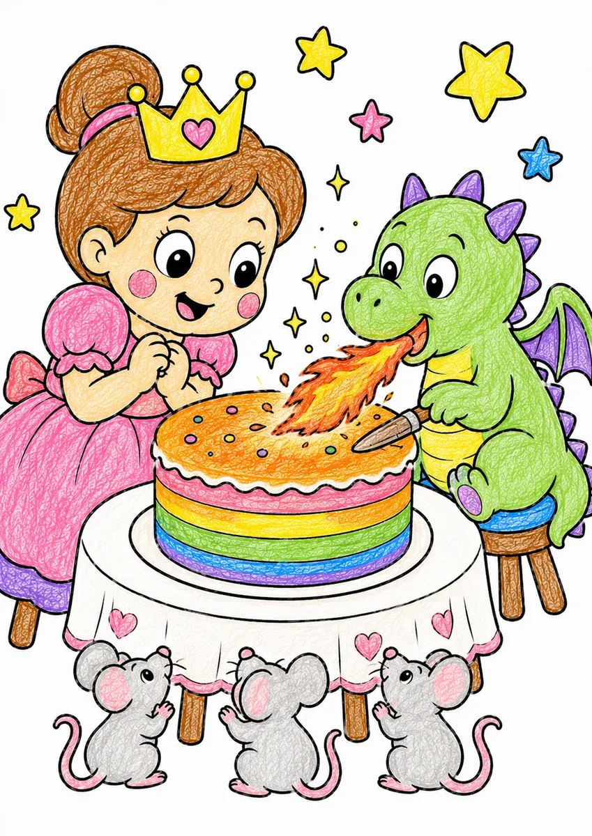 Princess and Baby Dragon Share a Cake