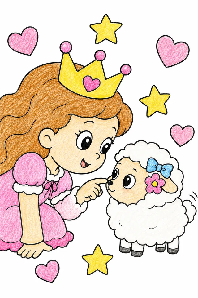 Runde Prinzessin liegt Nase an Nase mit einem runden Baby-Lamm