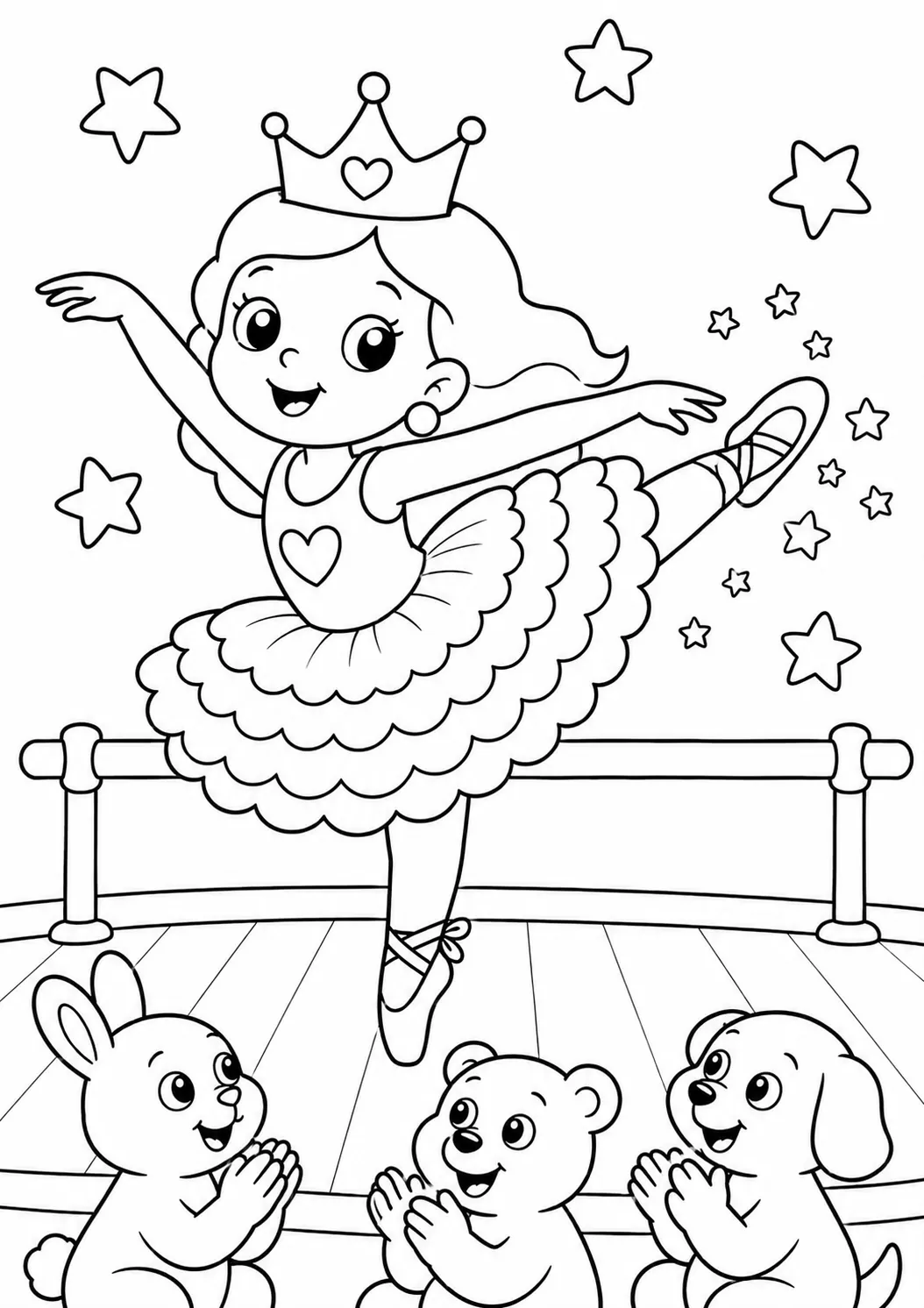 Runde Prinzessin tanzt Ballett in einem bunten Regenbogen-Tutu