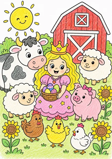 Runde Prinzessin besucht einen Bauernhof mit niedlichen runden Tieren