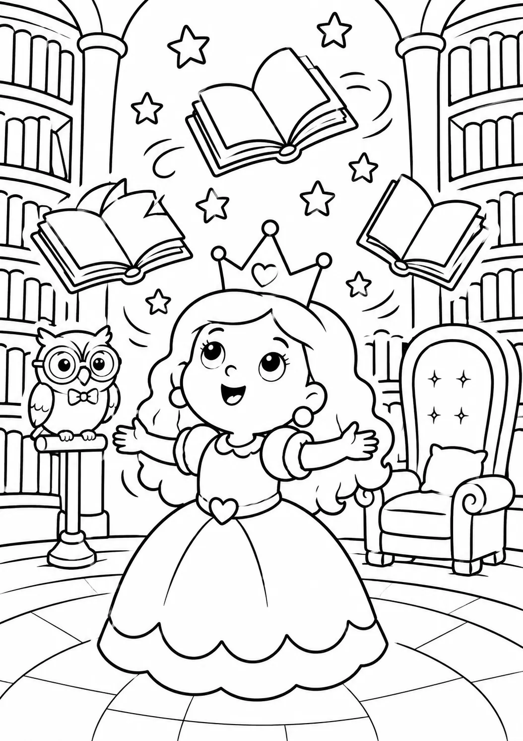 Runde Prinzessin in einer magischen Bibliothek mit fliegenden Büchern