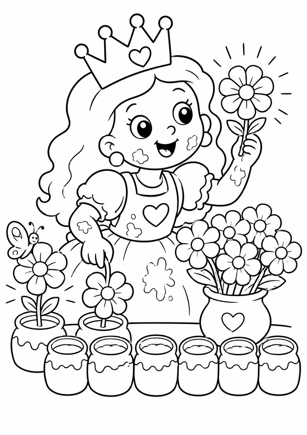Runde Prinzessin färbt weiße Blumen in bunten Farbtöpfen ein