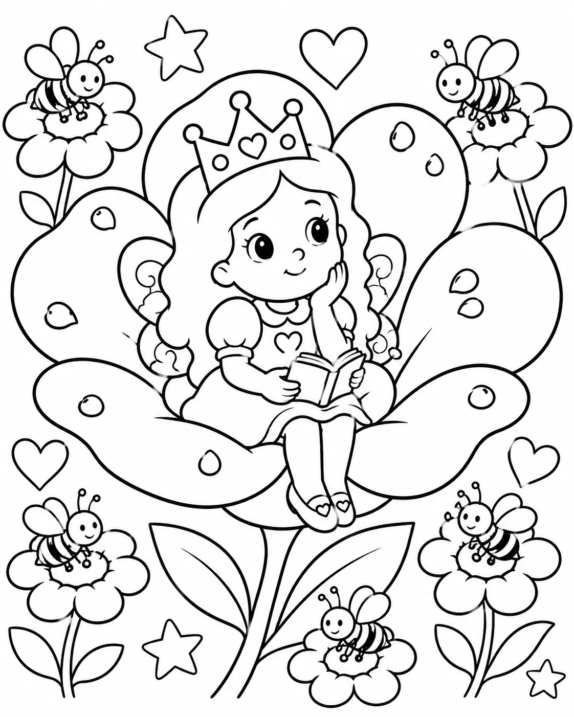 Winzige Prinzessin sitzt mit baumelnden Beinen in einer riesigen Blüte