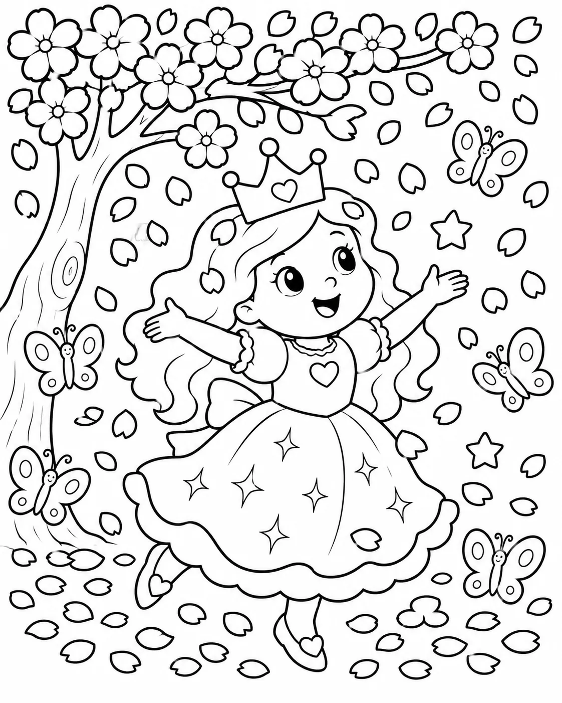 Princesa redonda bailando bajo árbol de cerezo en lluvia de pétalos