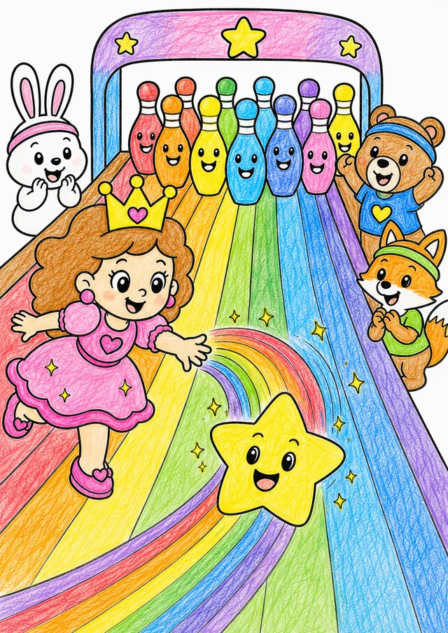 圆圆公主玩有彩色笑脸球瓶的彩虹保龄球