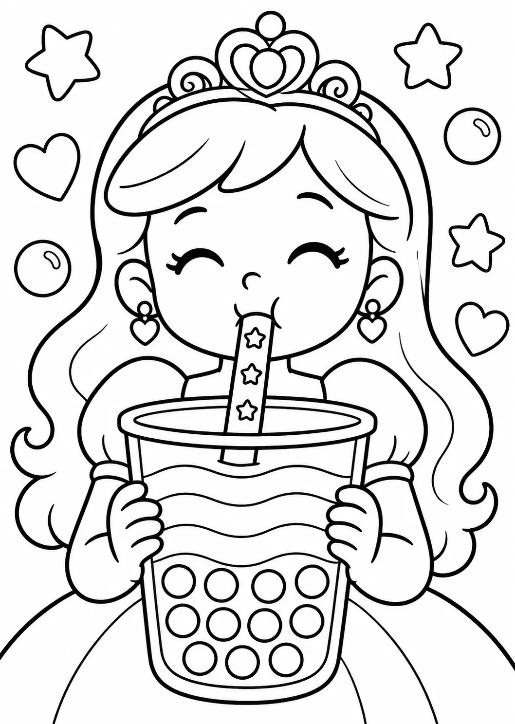 Runde Prinzessin trinkt Regenbogen-Bubble-Tea mit einem Sternenstrohalm