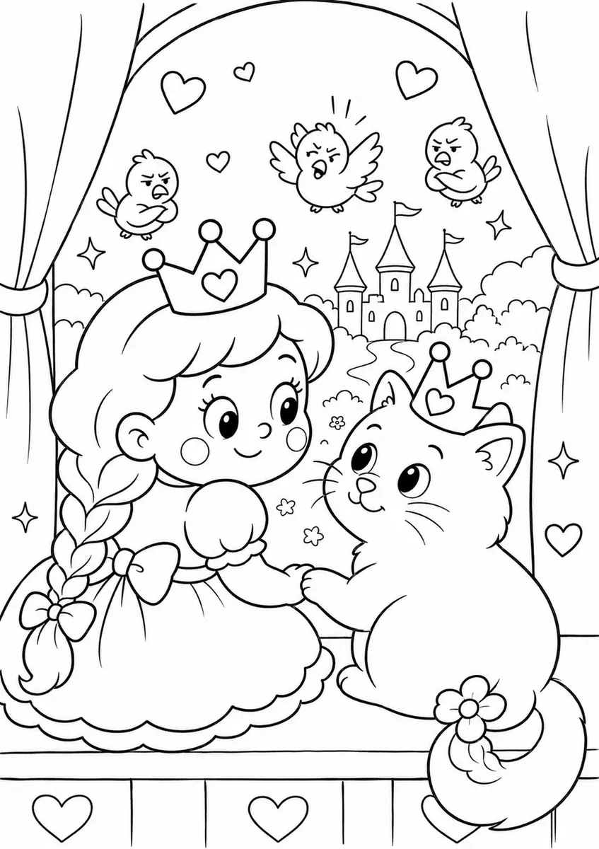 Round princess and round castle cat sit as best friends on a window sill
