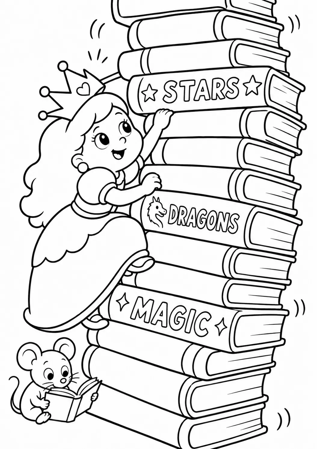 Runde Prinzessin klettert einen wackelnden Turm aus bunten Büchern