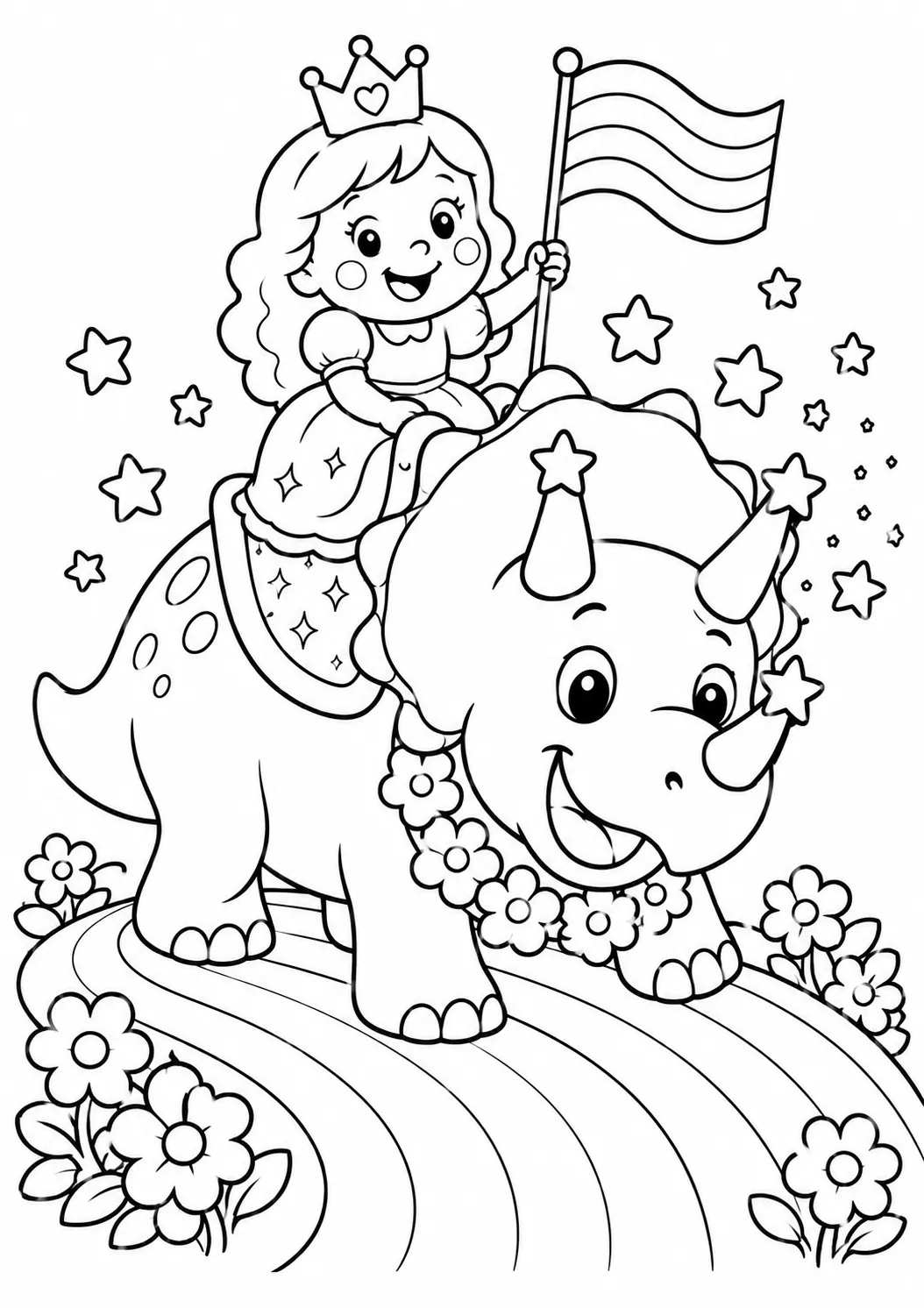 Runde Prinzessin reitet auf einem freundlichen Triceratops auf einem Regenbogenweg