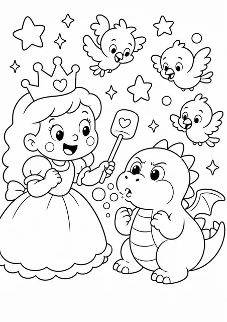 La princesa ayuda al dragón bebé a aprender a hacer fuego