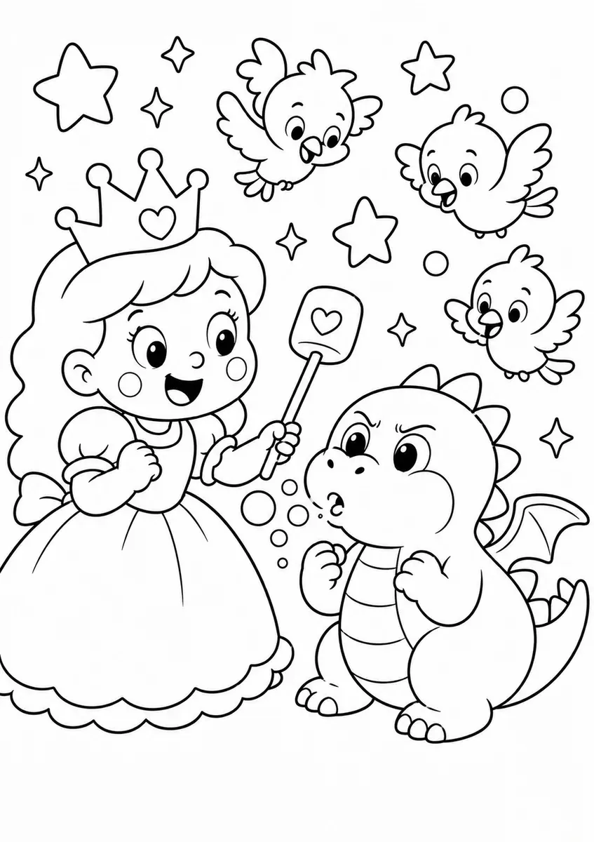 Round princess trains a baby dragon on its first fire-breathing attempt