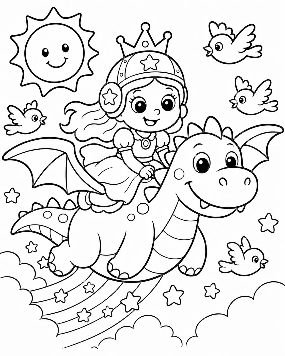 Runde Prinzessin reitet auf einem freundlichen grünen Drachen durch Wolken