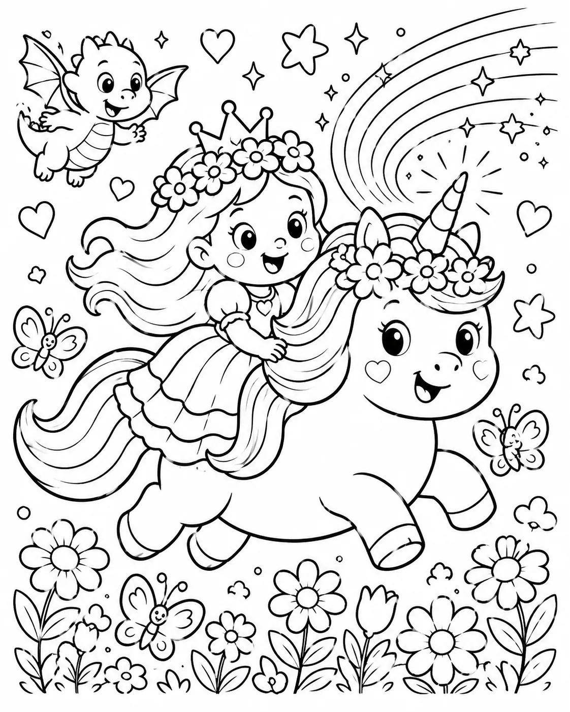 Runde Prinzessin reitet auf einem runden weißen Einhorn mit Regenbogen-Mähne