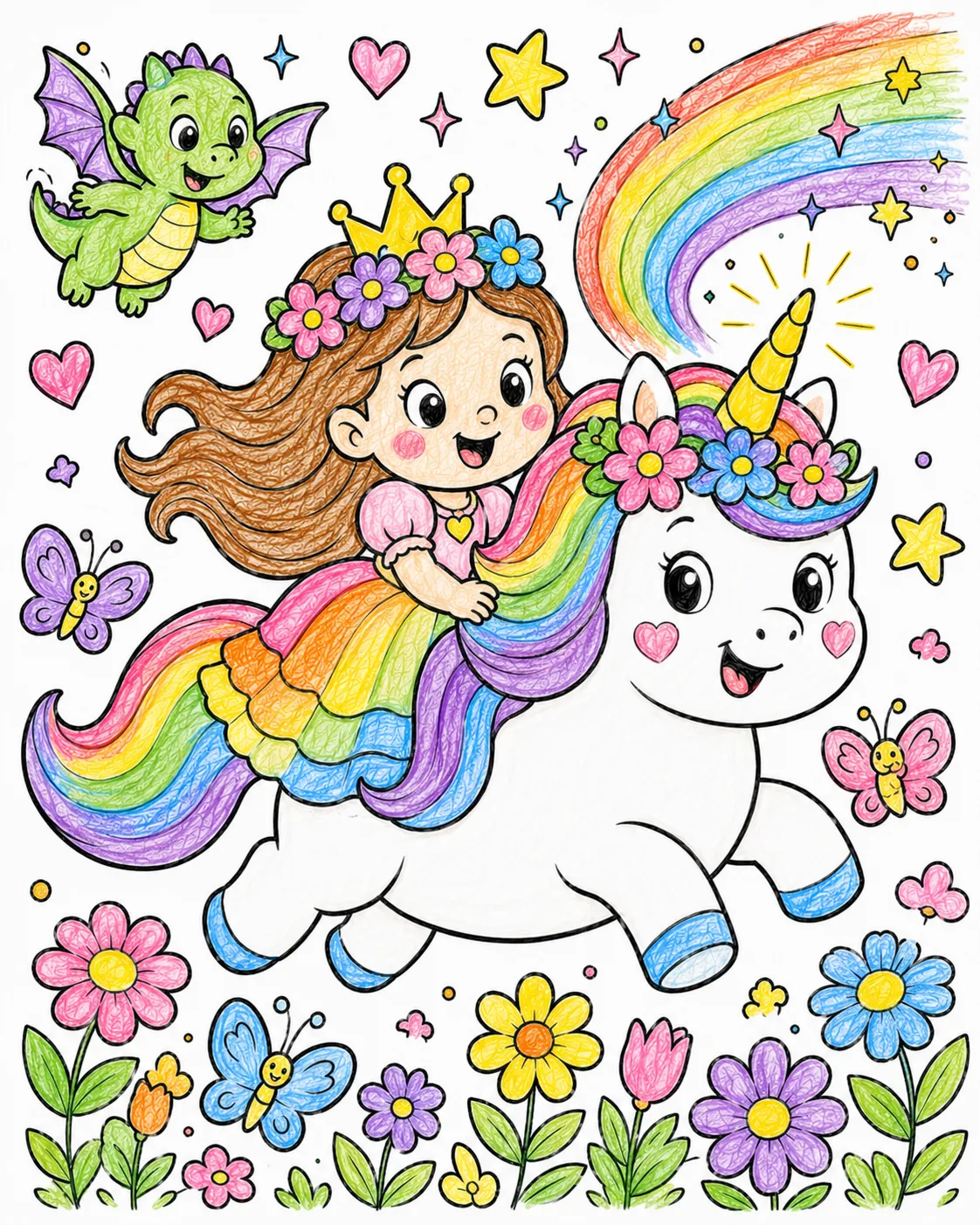 Die Prinzessin reitet auf einem runden Einhorn
