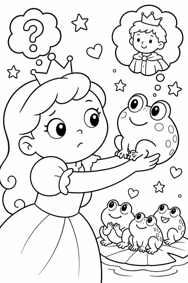 Die Prinzessin überlegt ob sie den Frosch küsst
