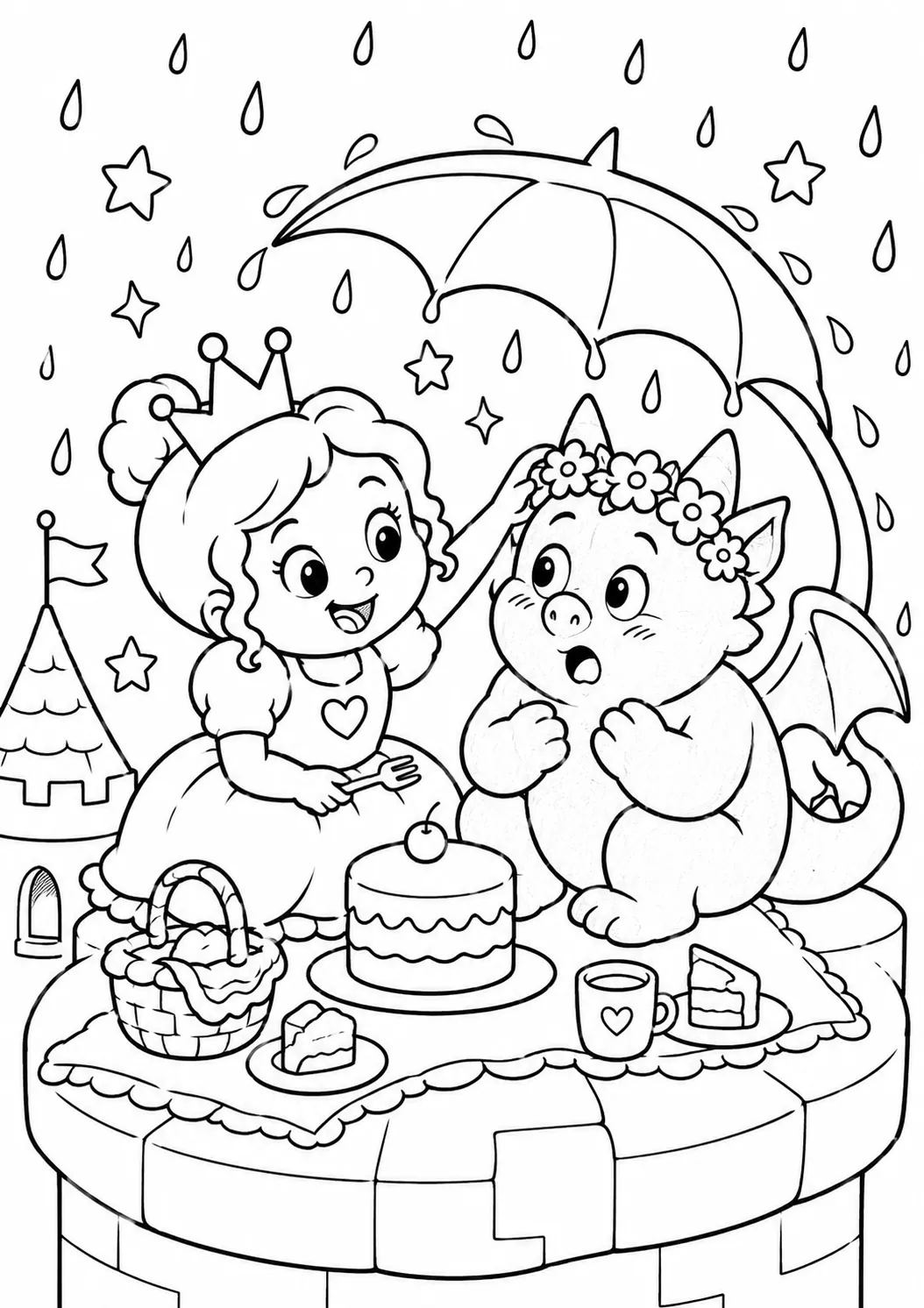Runde Prinzessin picknickt mit einem runden Gargoyle auf dem Burgdach