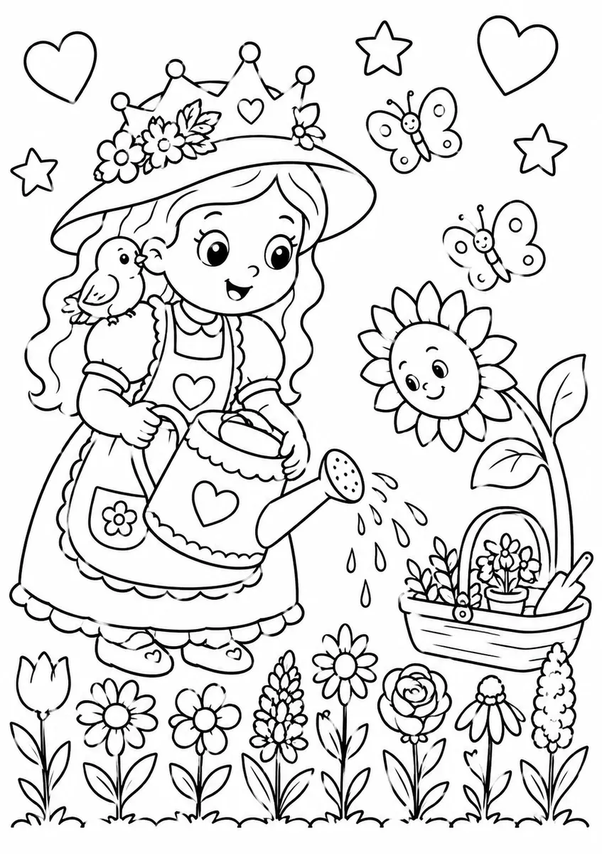 Runde Prinzessin gießt ihren Garten mit einer bunten Gießkanne
