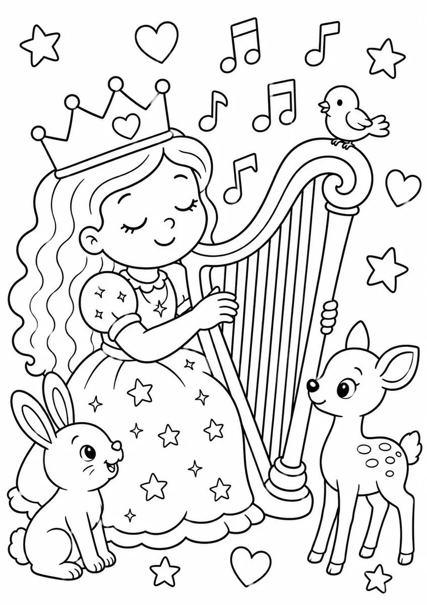 Runde Prinzessin spielt eine goldene Harfe während Tiere zuhören