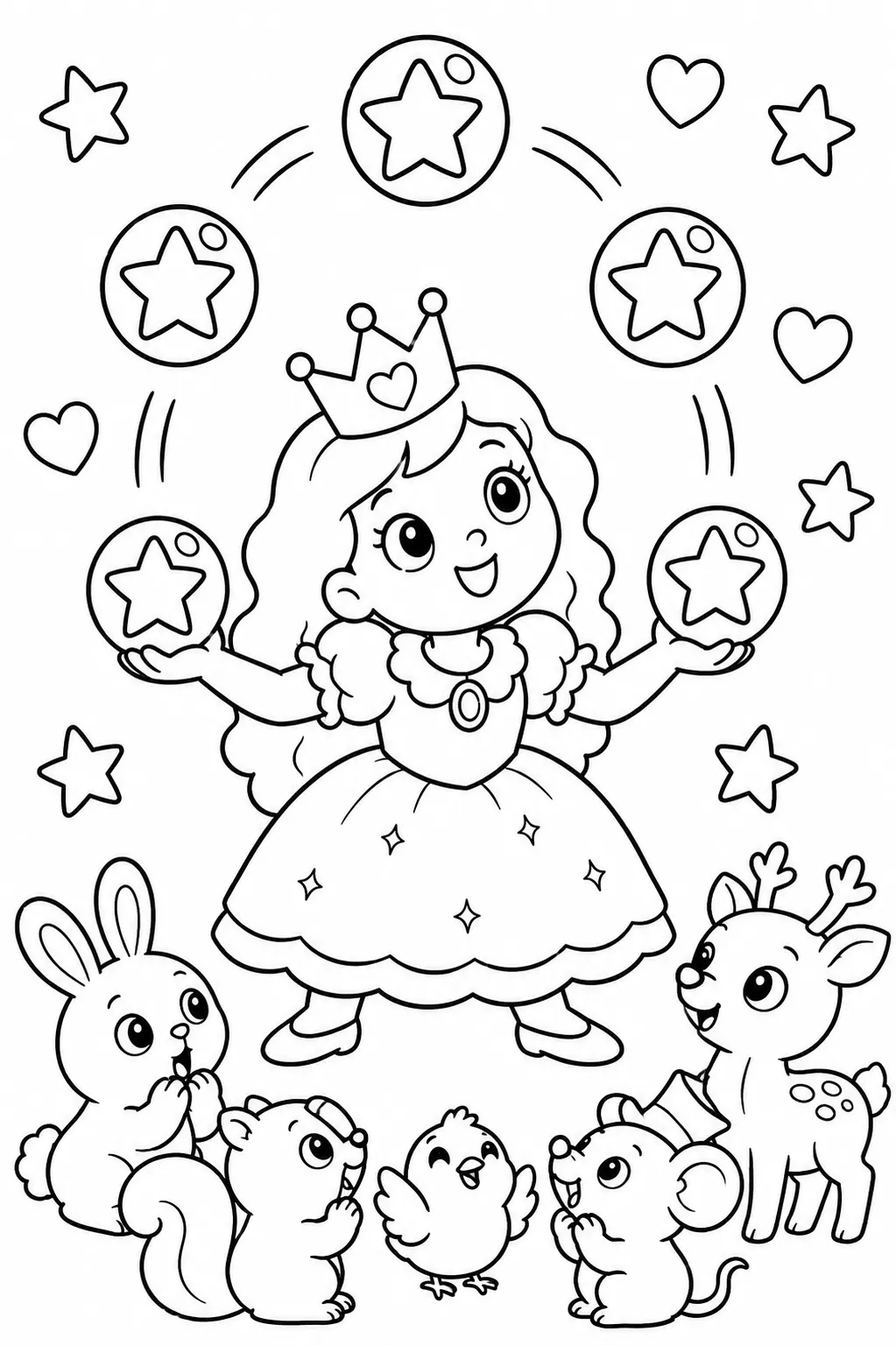 Runde Prinzessin jongliert bunte Sternbälle in der Luft