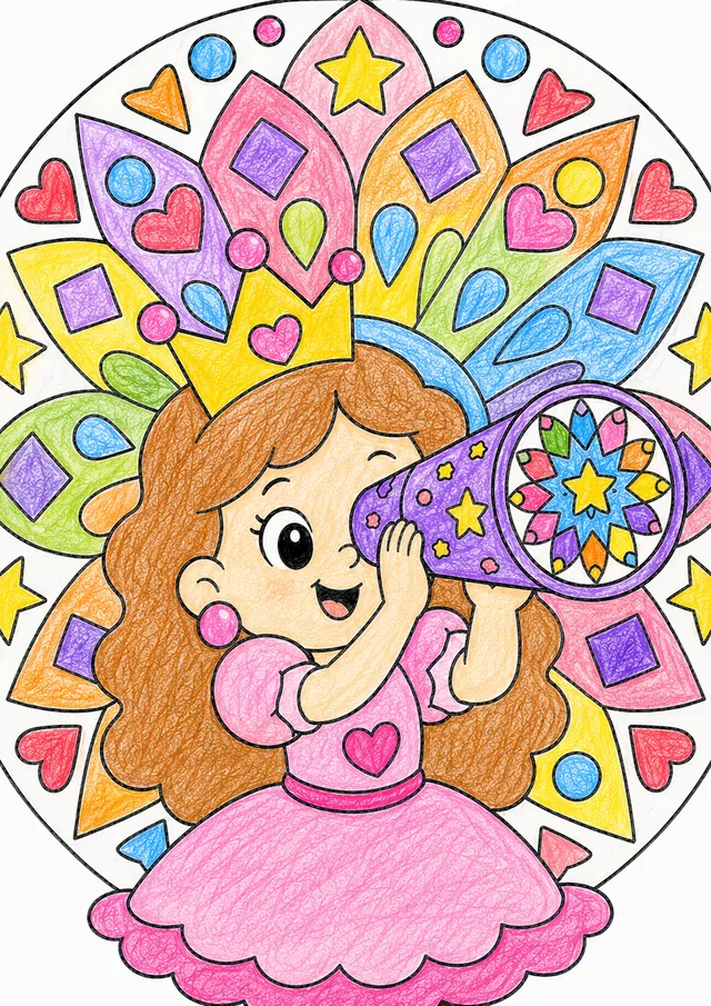 Runde Prinzessin schaut durch ein leuchtendes buntes Kaleidoskop