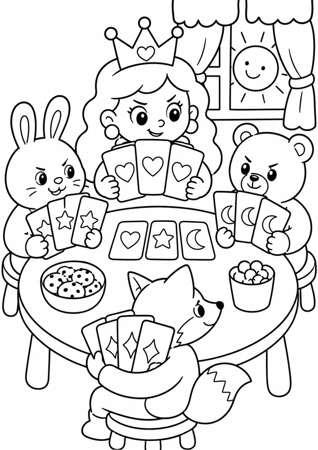 Runde Prinzessin spielt Karten an einem Tisch mit Tierfreunden