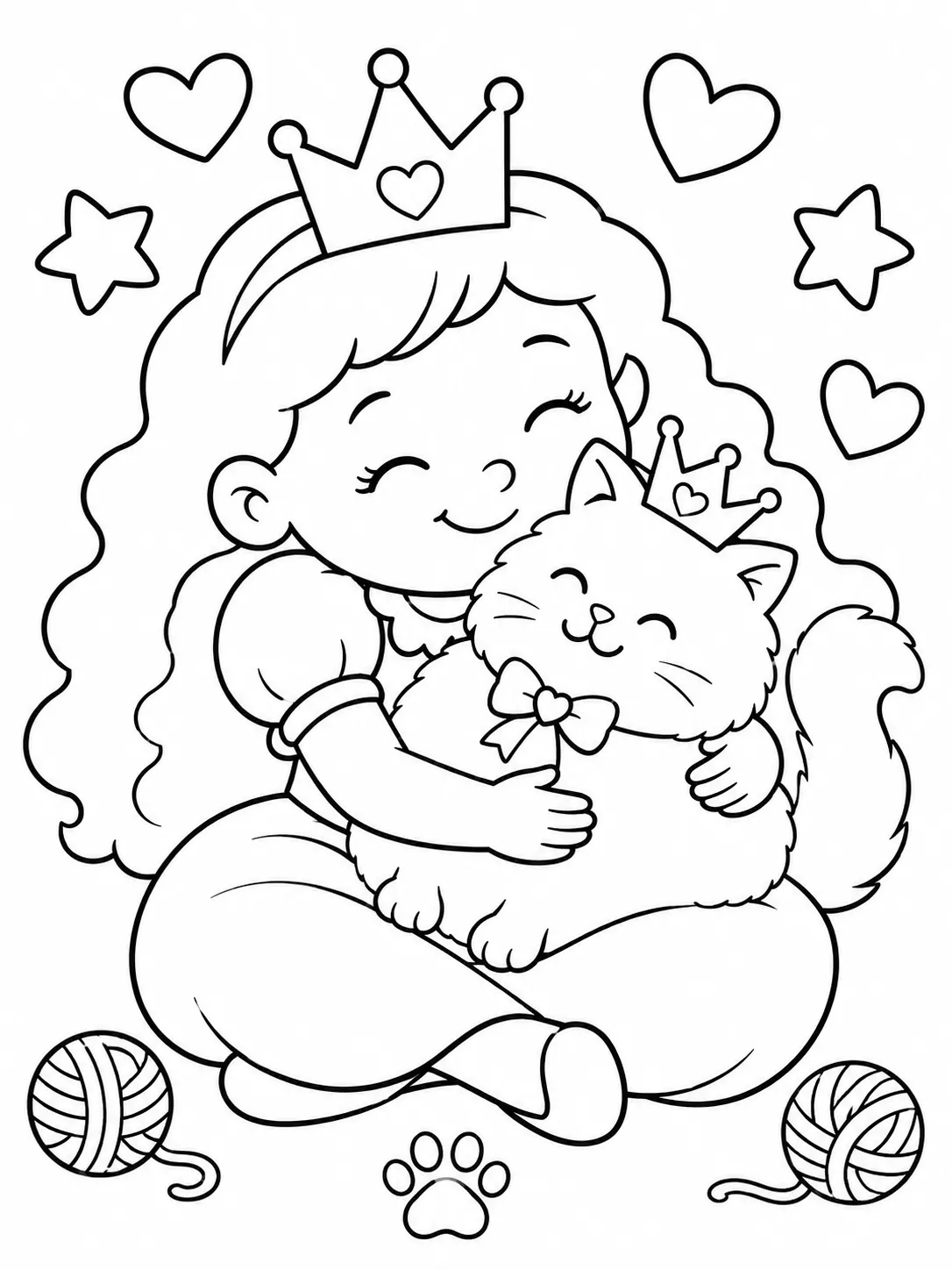Runde Prinzessin kuschelt mit einer runden Katze die eine Krone trägt