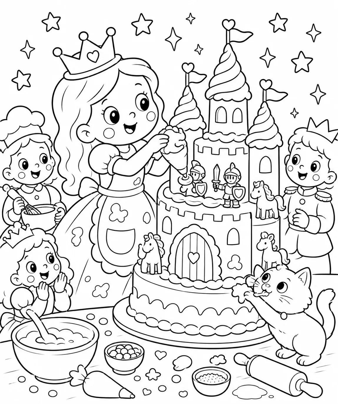 Princesa redonda horneando pastel castillo multi-pisos en cocina real