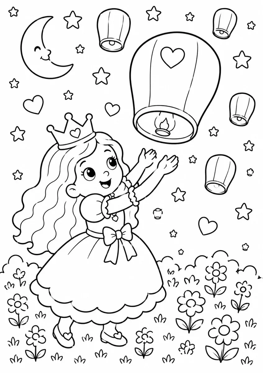Runde Prinzessin lässt eine Papierlaterne in den Sternenhimmel aufsteigen