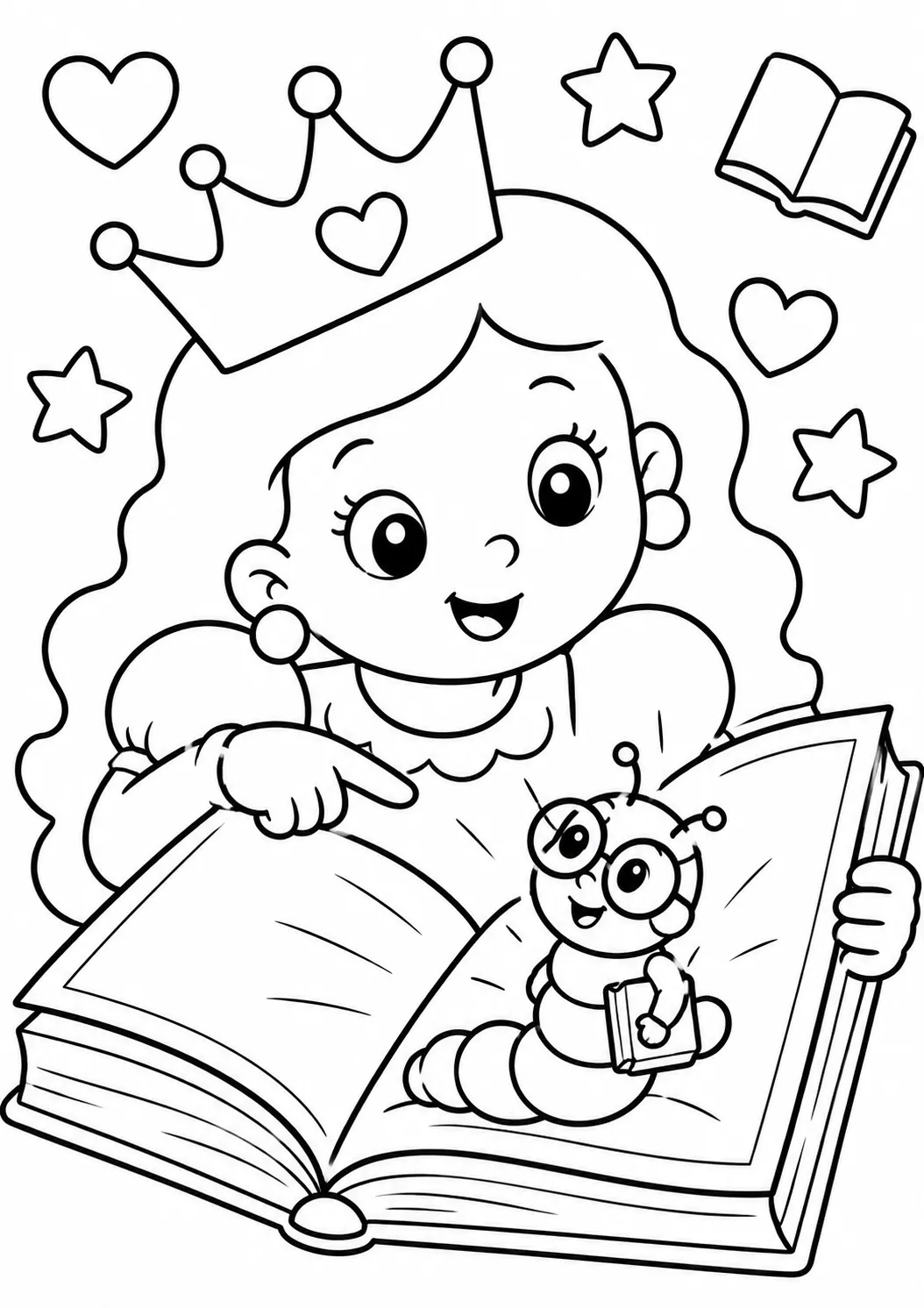 Runde Prinzessin findet einen kleinen Lesewurm mit Brille in ihrem Buch