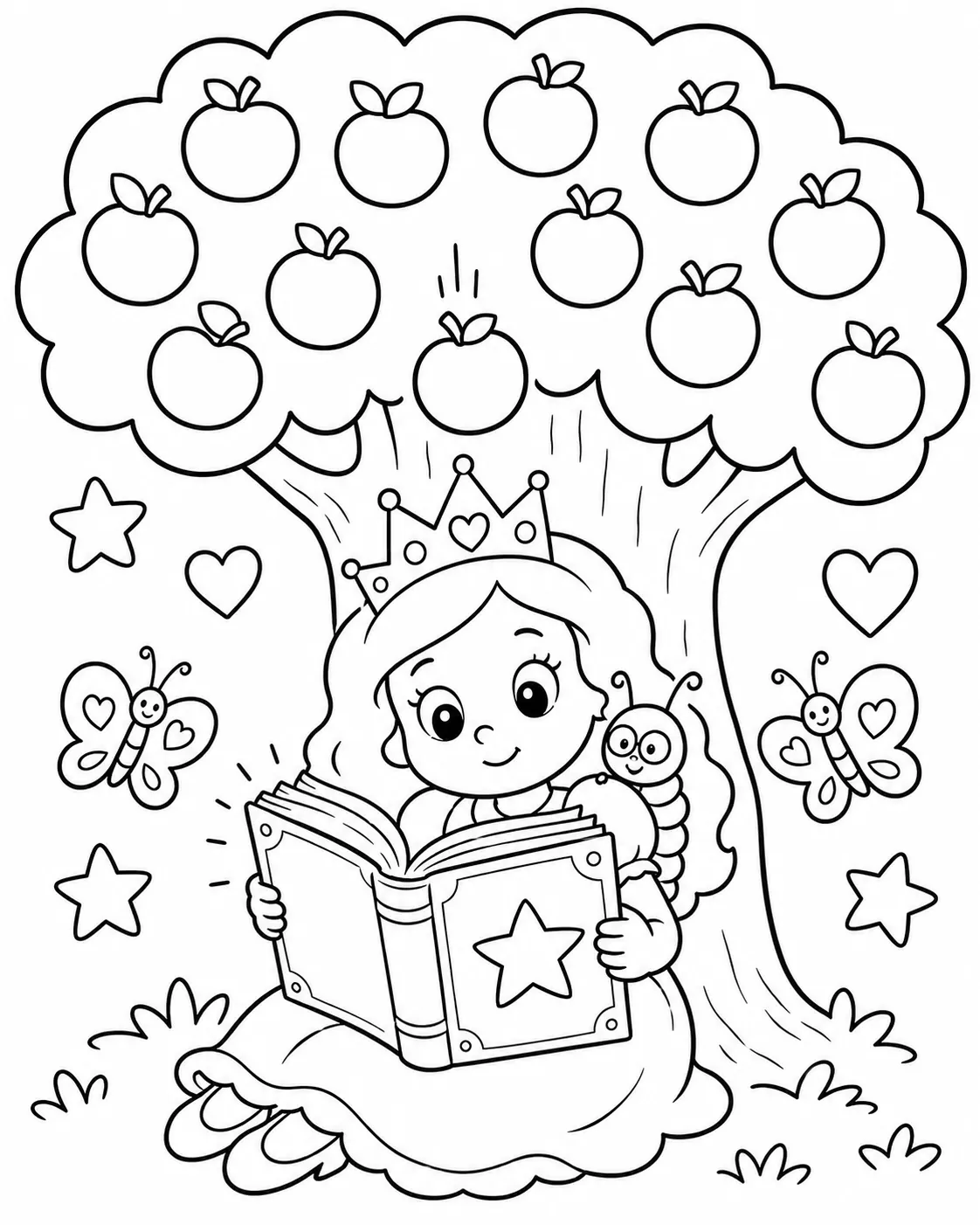 Runde Prinzessin liest ein leuchtendes Buch unter einem Apfelbaum