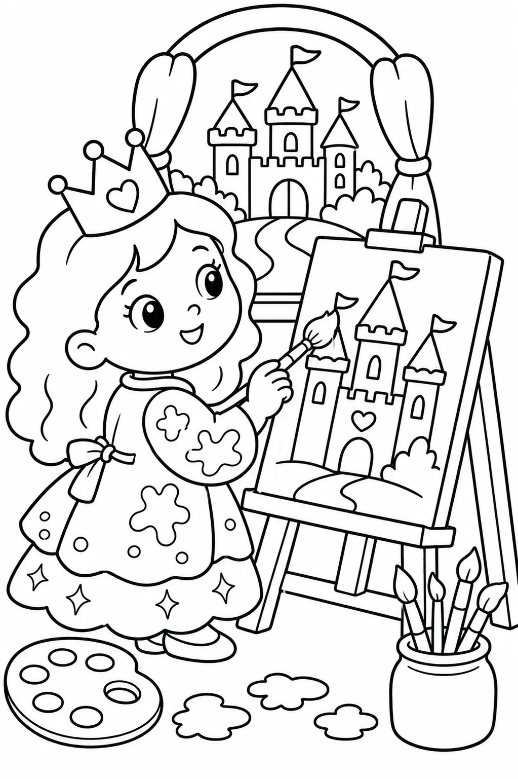 Runde Prinzessin malt ihr Schloss auf einer Staffelei