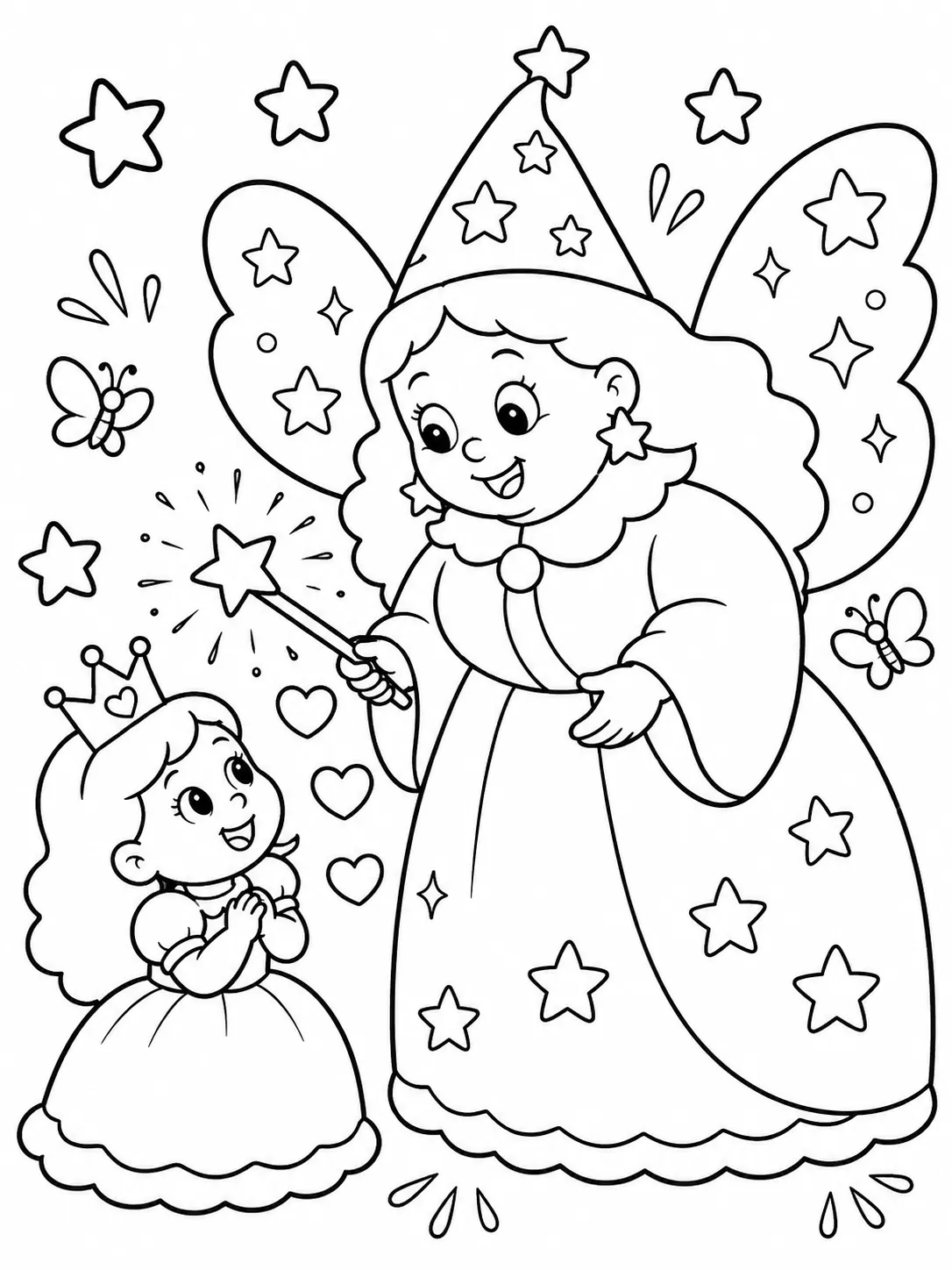 Runde Prinzessin trifft ihre Patin-Fee mit großen Flügeln und Zauberstab