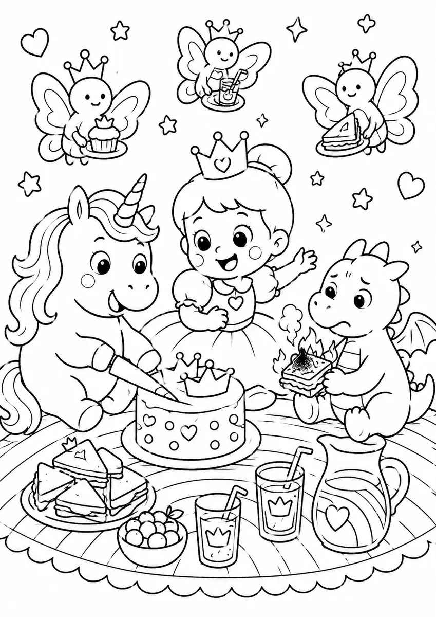 Runde Prinzessin picknickt auf einer Regenbogendecke mit einem Einhorn und einem Drachen