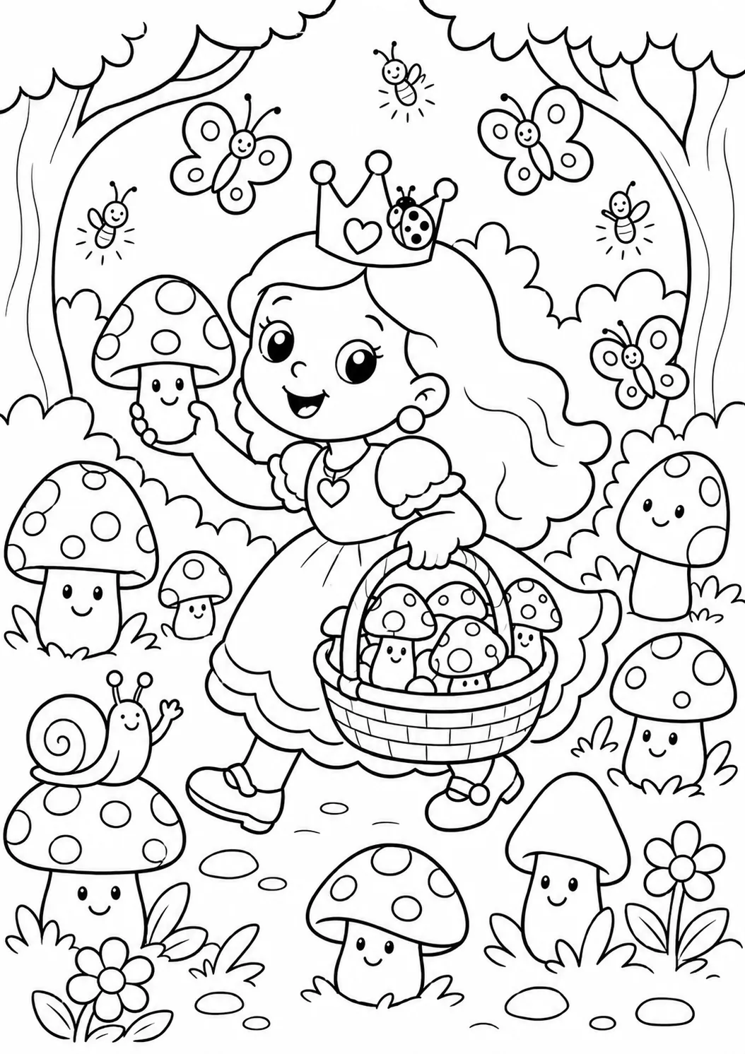 Runde Prinzessin sammelt bunte Pilze in einem Zauberwald
