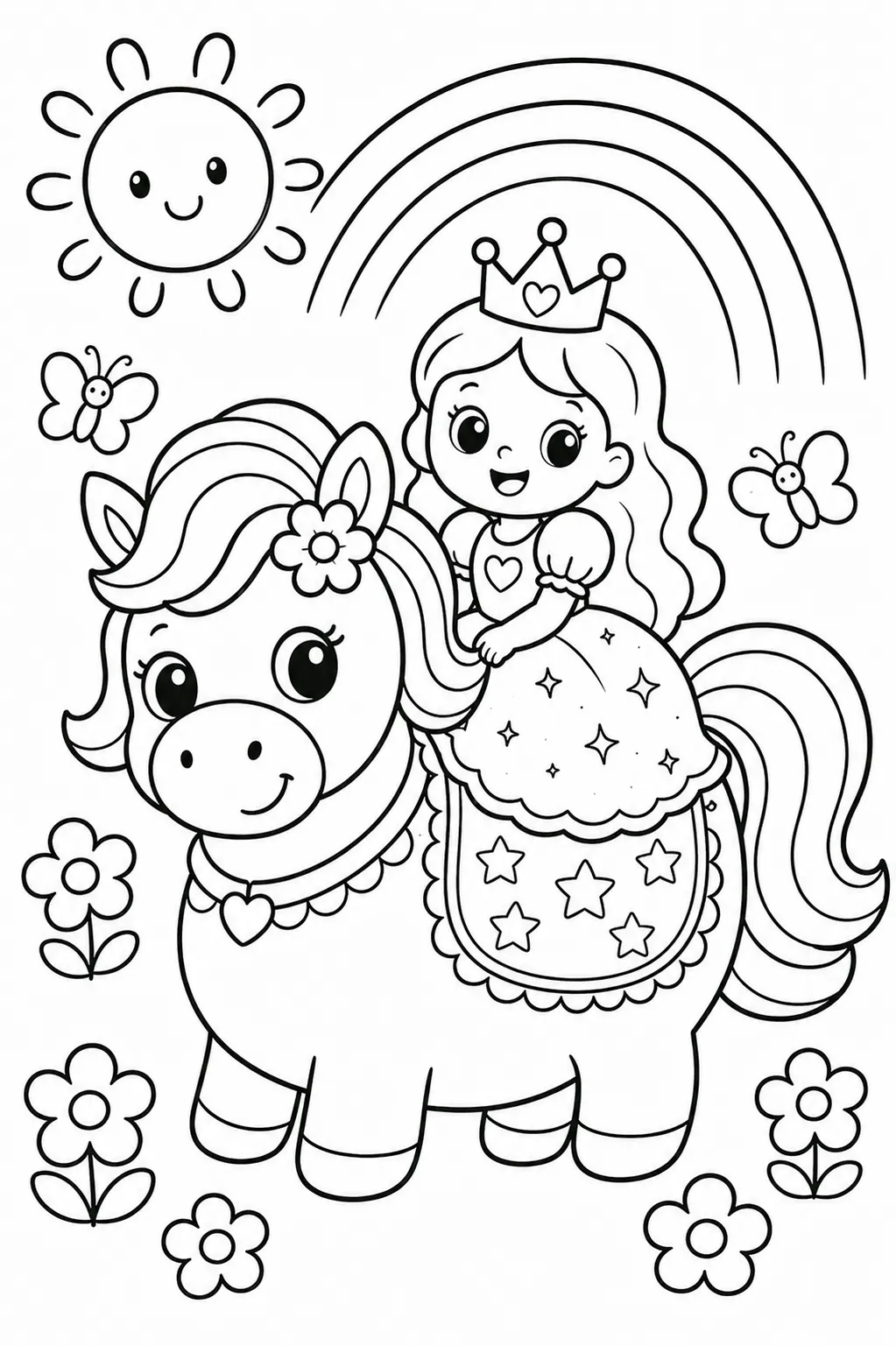 Runde Prinzessin reitet auf einem runden Pony mit Regenbogenmähne