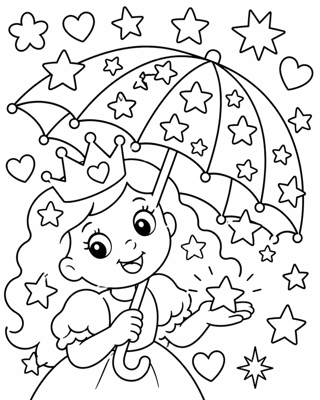 Runde Prinzessin hält einen Regenbogenschirm im Sternen- und Herzregen