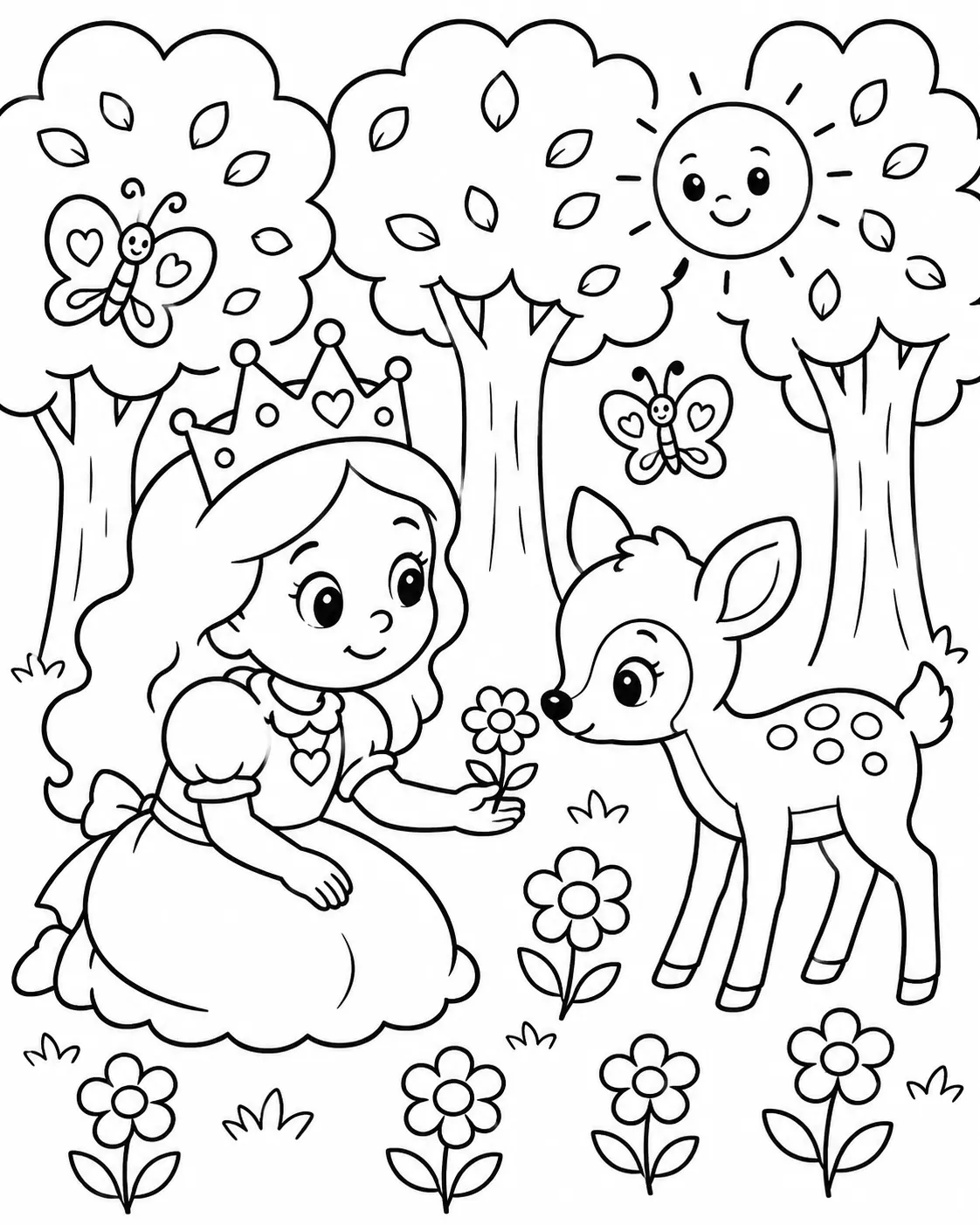 Runde Prinzessin bietet einem kleinen Reh im Wald eine Blume an