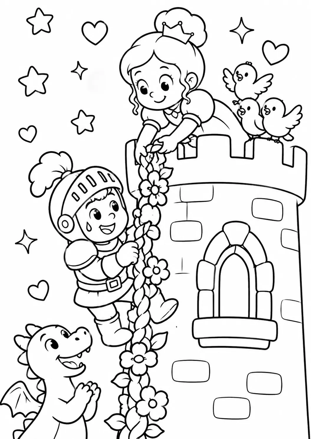 Runde Prinzessin klettert auf einen Turm um einen festsitzenden Ritter zu retten