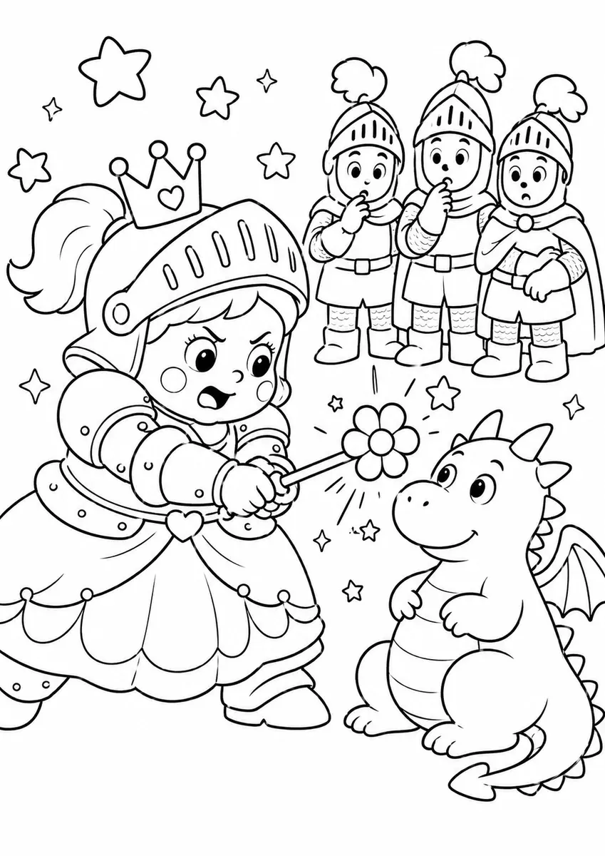 Runde Prinzessin kämpft mit Blumen-Schwert in zu großer Rüstung über ihrem Ballkleid