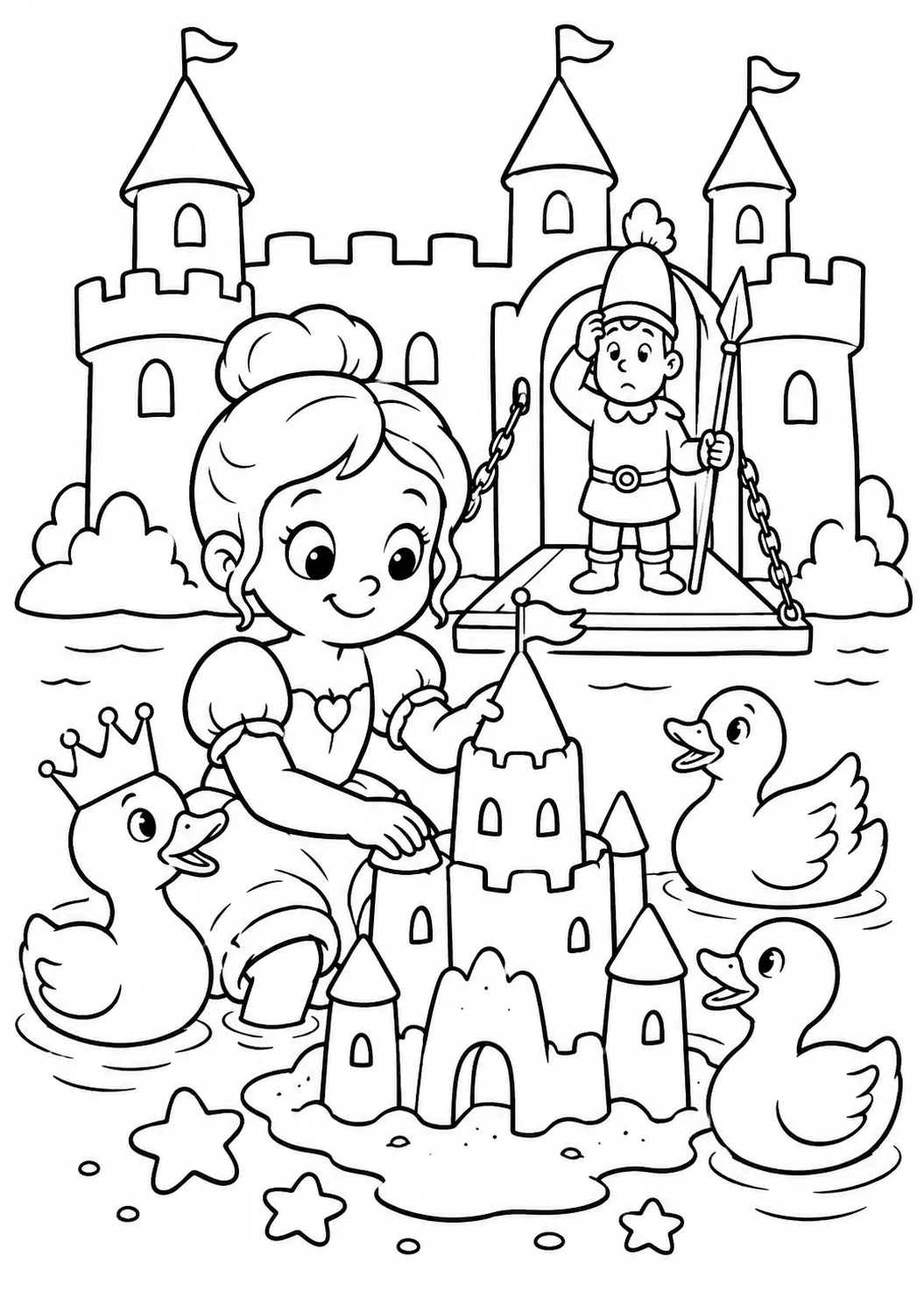 Round princess builds a sandcastle in the castle moat