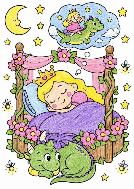 小小的圆圆龙守护着睡眠中的圆圆公主